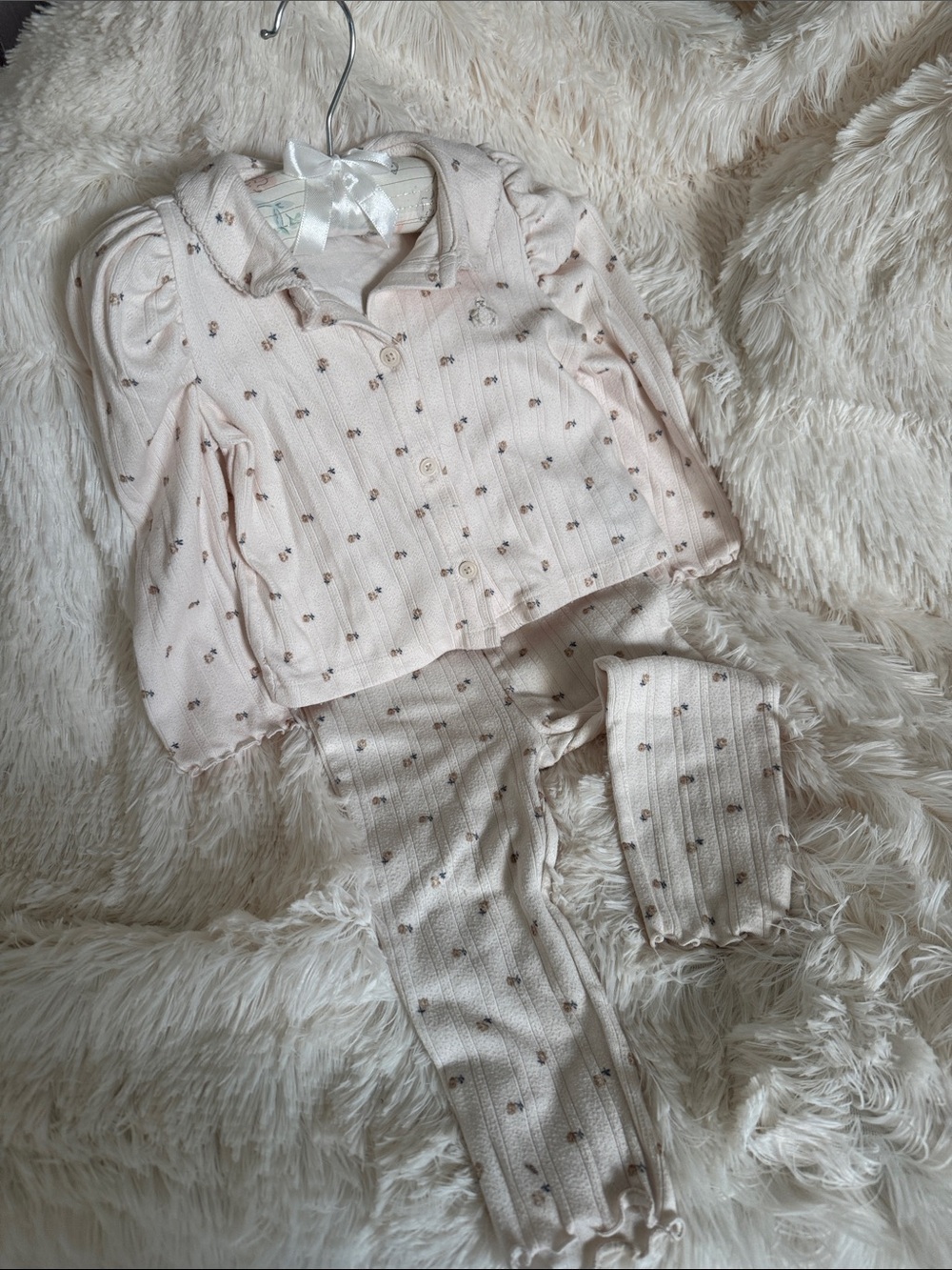 GAP Cream Floral Rib-Knit Pajama Set with Puff Sleeves